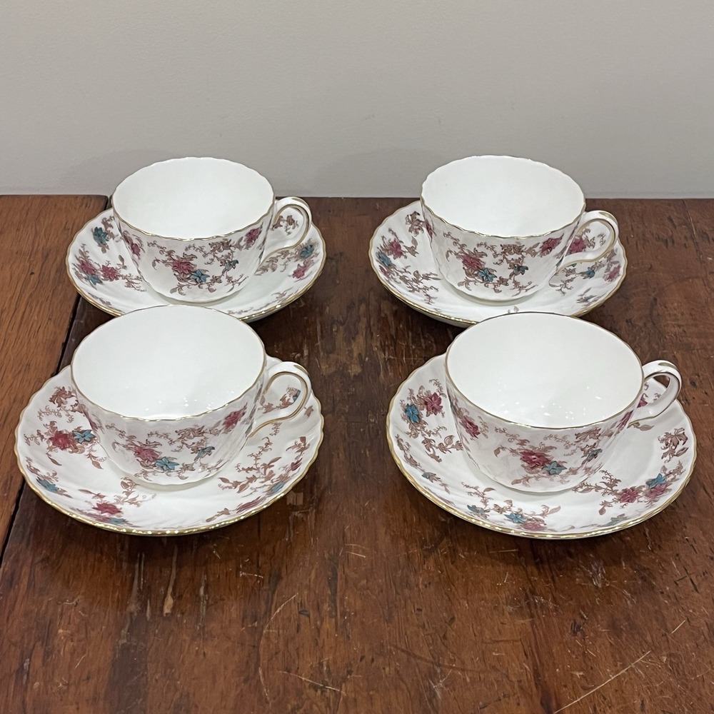 Vintage MINTON Set Of 4 Bone China "Ancestral" S-376 Pattern Tea Cups & Saucers